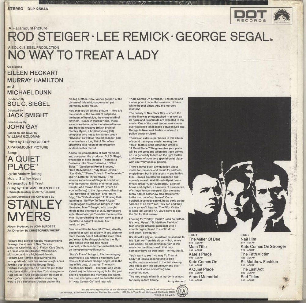 Stanley Myers No Way To Treat A Lady US vinyl LP album (LP record)