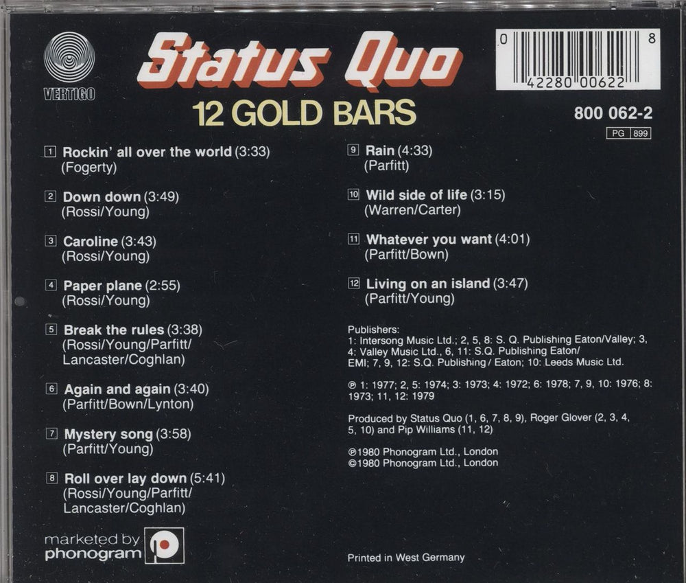 Status Quo 12 Gold Bars - German UK CD album (CDLP) QUOCDGO732095