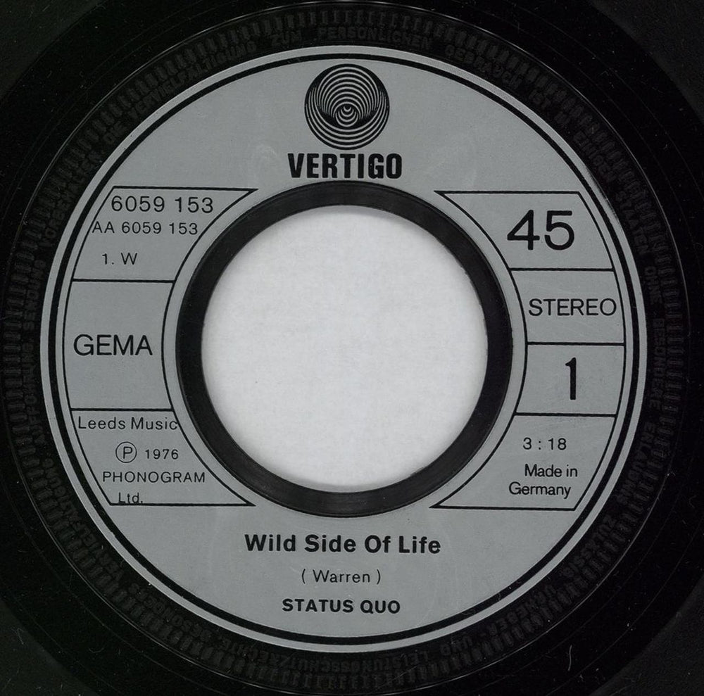 Status Quo Wild Side Of Life German 7" vinyl single (7 inch record / 45) QUO07WI763596