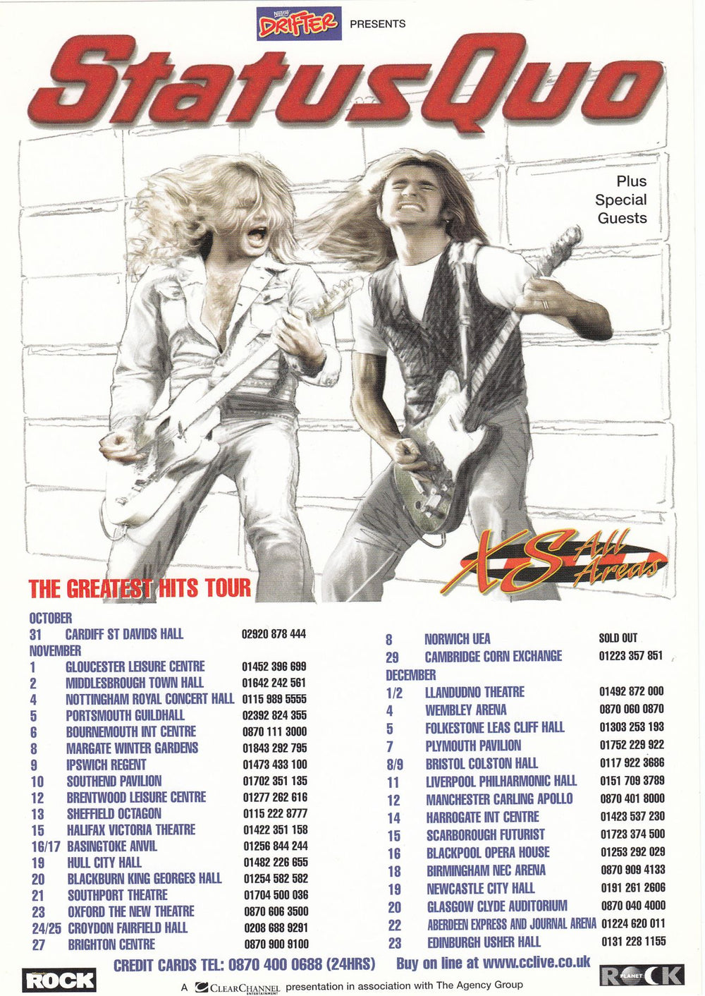 Status Quo XS All Areas - The Greatest Hits Tour UK Promo handbill TOUR HANDBILL