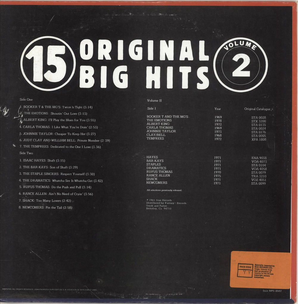 Stax 15 Original Big Hits Vol. 2 US vinyl LP album (LP record) SXLLPOR696295