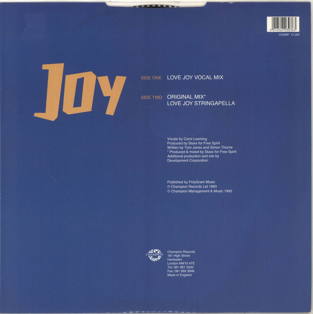 Staxx Joy UK 12" vinyl single (12 inch record / Maxi-single) 5014524030363