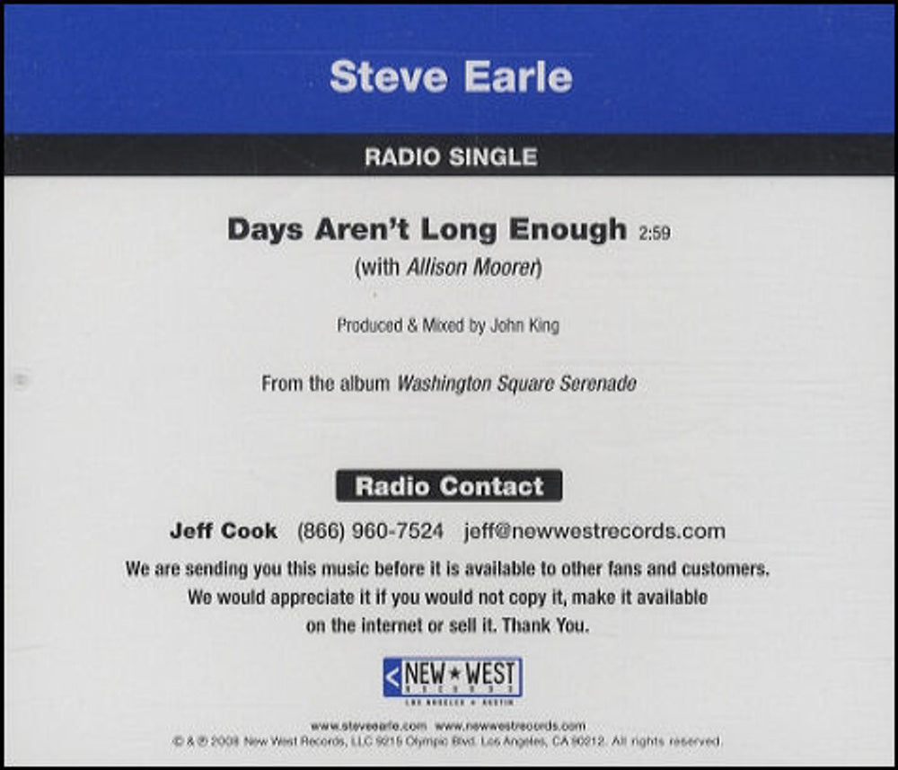 Steve Earle Days Aren't Long Enough US Promo CD single (CD5 / 5") NWS1061