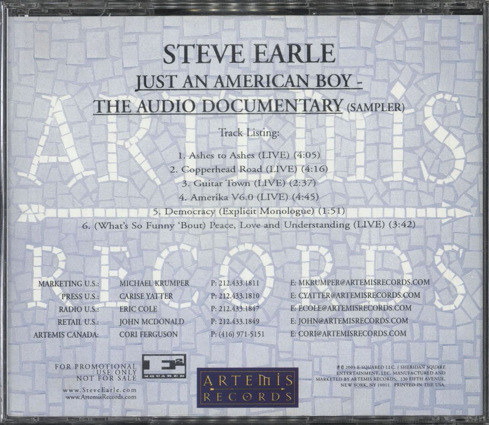 Steve Earle Just An American Boy - The Audio Documentary Sampler US Promo CD album (CDLP) ARTCD-204