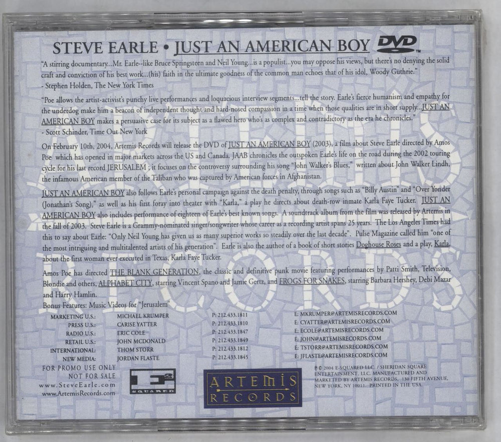 Steve Earle Just An American Boy US Promo DVD EALDDJU522805