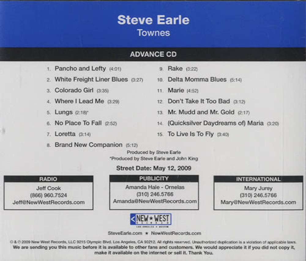 Steve Earle Townes US Promo CD album (CDLP) NWA3042