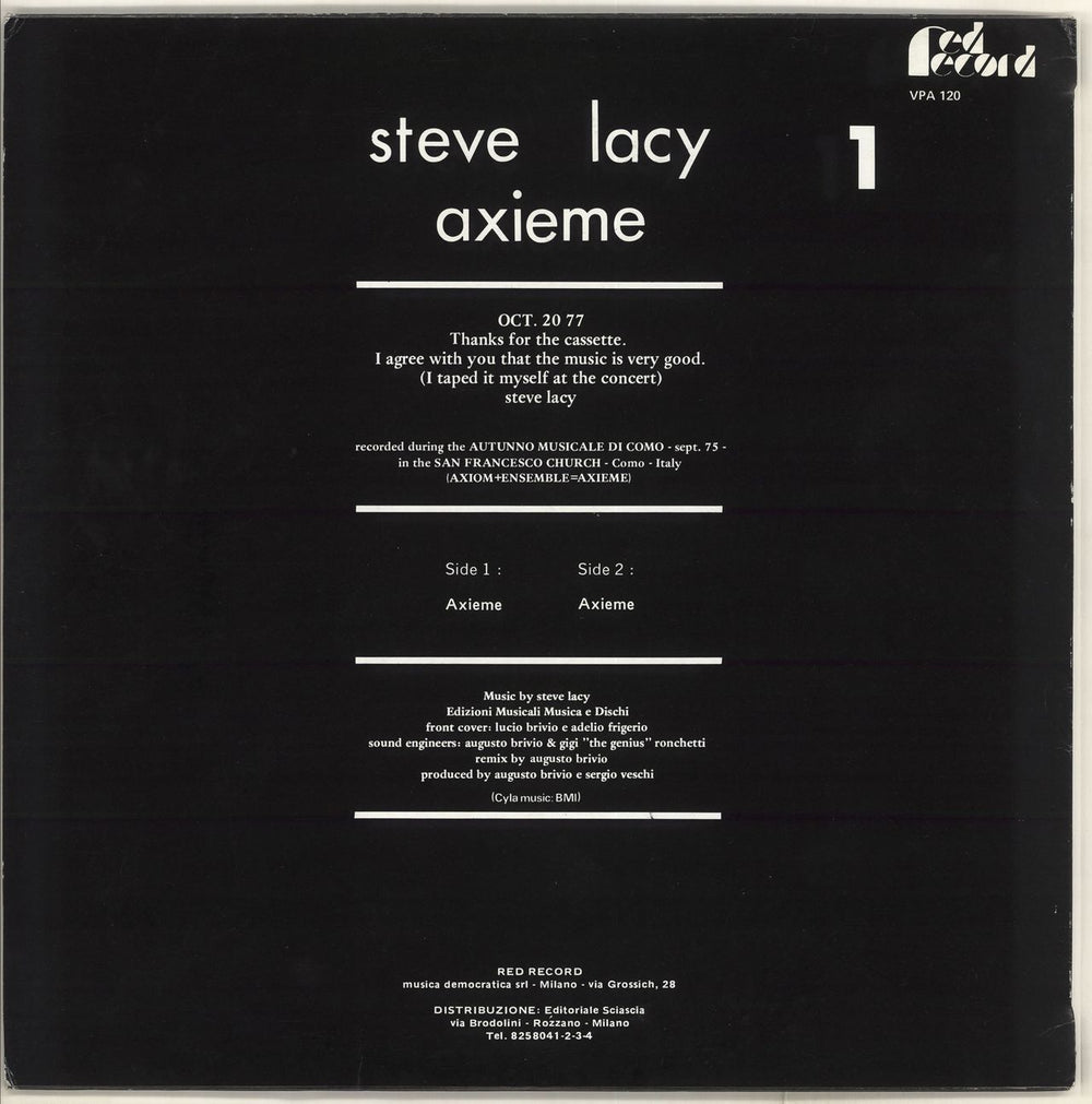 Steve Lacy Axieme Vol. 1 Italian vinyl LP album (LP record)