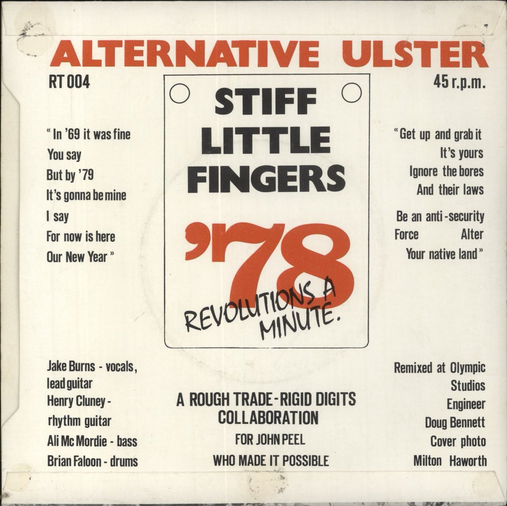 Stiff Little Fingers Alternative Ulster UK 7" vinyl single (7 inch record / 45)