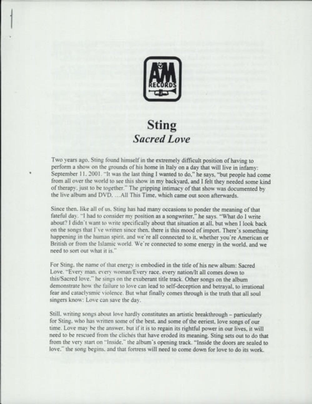 Sting Sacred Love US Promo media press pack PRESS PACK