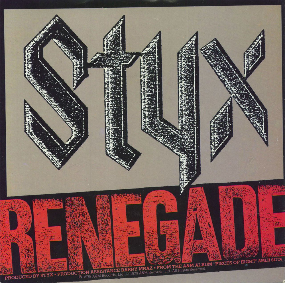 Styx Renegade - Red Vinyl - P/S UK 7" vinyl single (7 inch record / 45) AMS7446