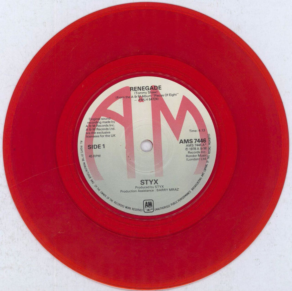 Styx Renegade - Red Vinyl - P/S UK 7" vinyl single (7 inch record / 45) STX07RE98714