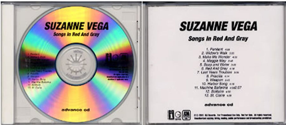 Suzanne Vega Songs In Red And Gray US Promo CD-R acetate CD ACETATE