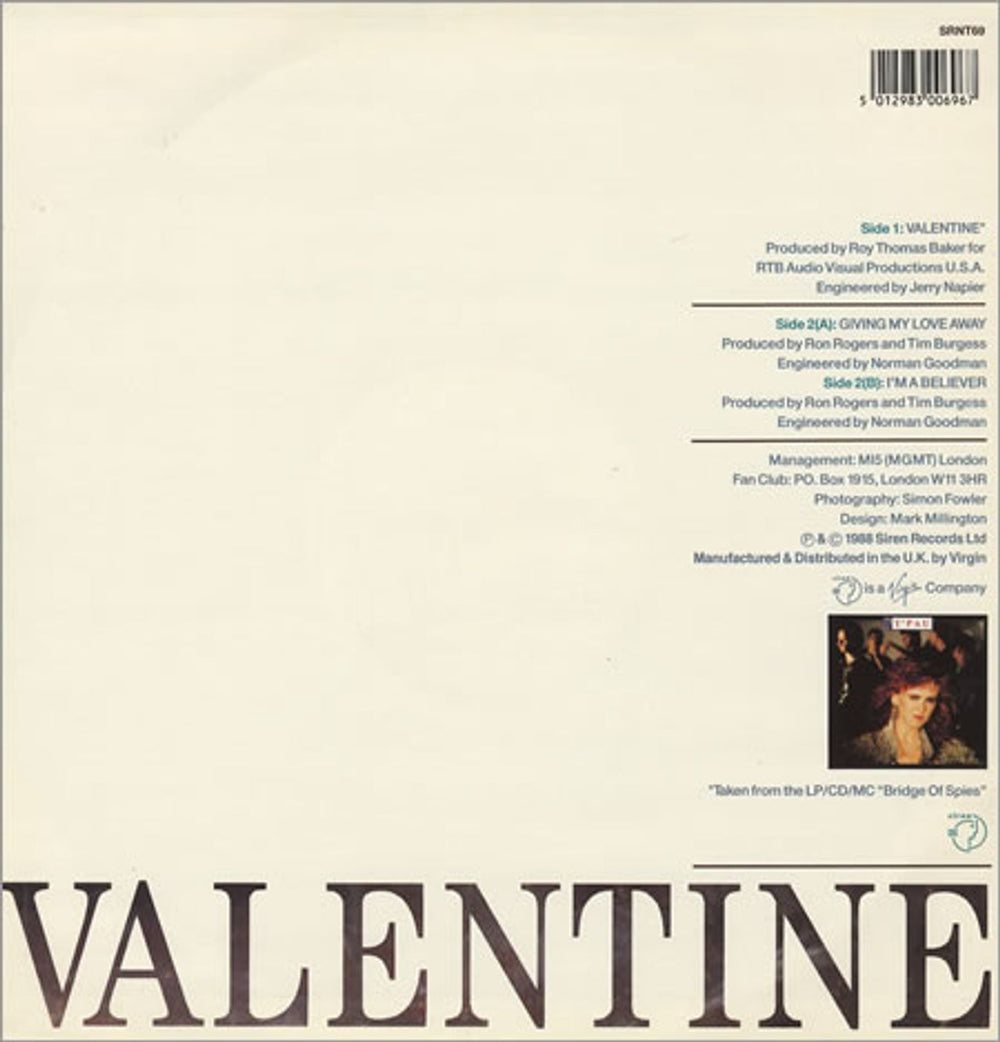 T'Pau Valentine UK 12" vinyl single (12 inch record / Maxi-single) TPA12VA13607