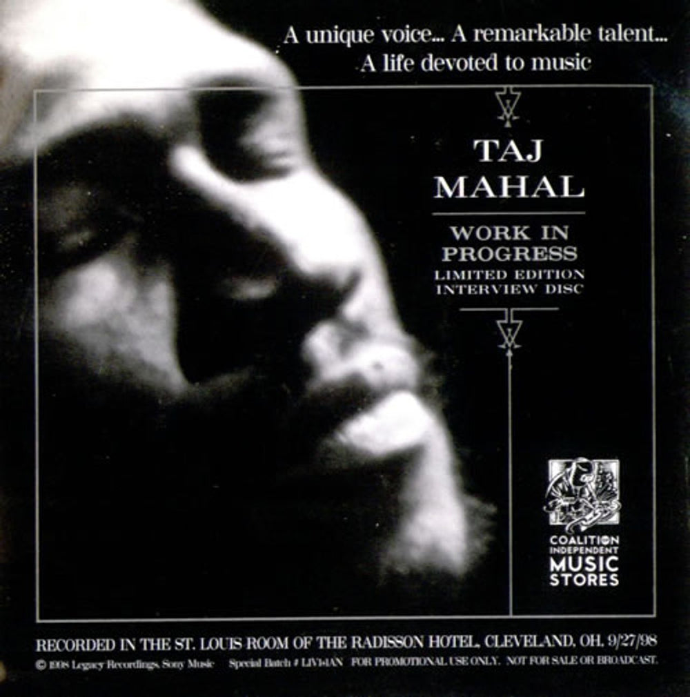 Taj Mahal Work In Progress - Interview Disc US Promo CD album (CDLP) L1V1+1AN