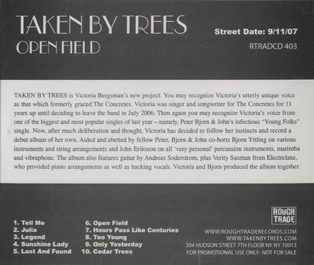 Taken By Trees Open Field US Promo CD album (CDLP) RTRADCD403