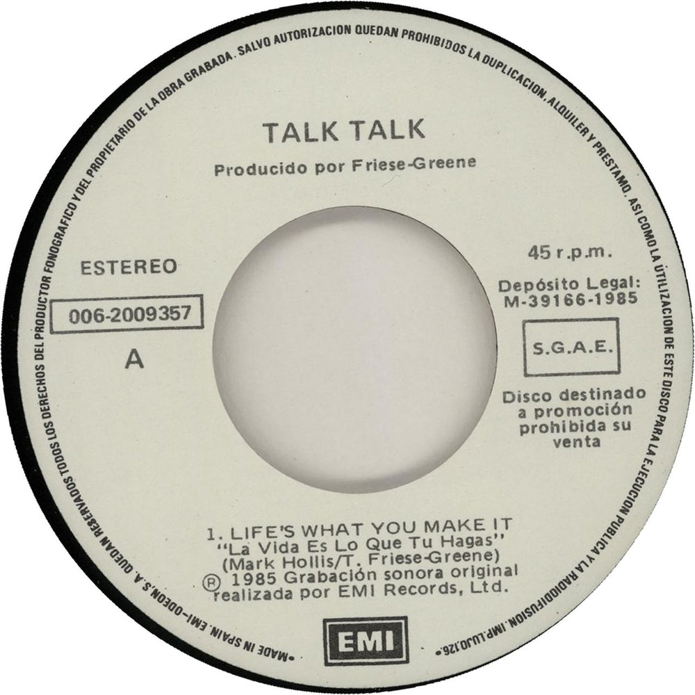 Talk Talk La Vida Es Lo Que Tu Hagas Spanish Promo 7" vinyl single (7 inch record / 45) TTK07LA188940