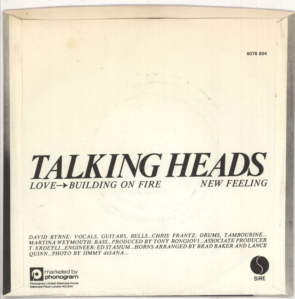 Talking Heads Love Comes To Building On Fire - P/s UK 7" vinyl single (7 inch record / 45) TAL07LO741582