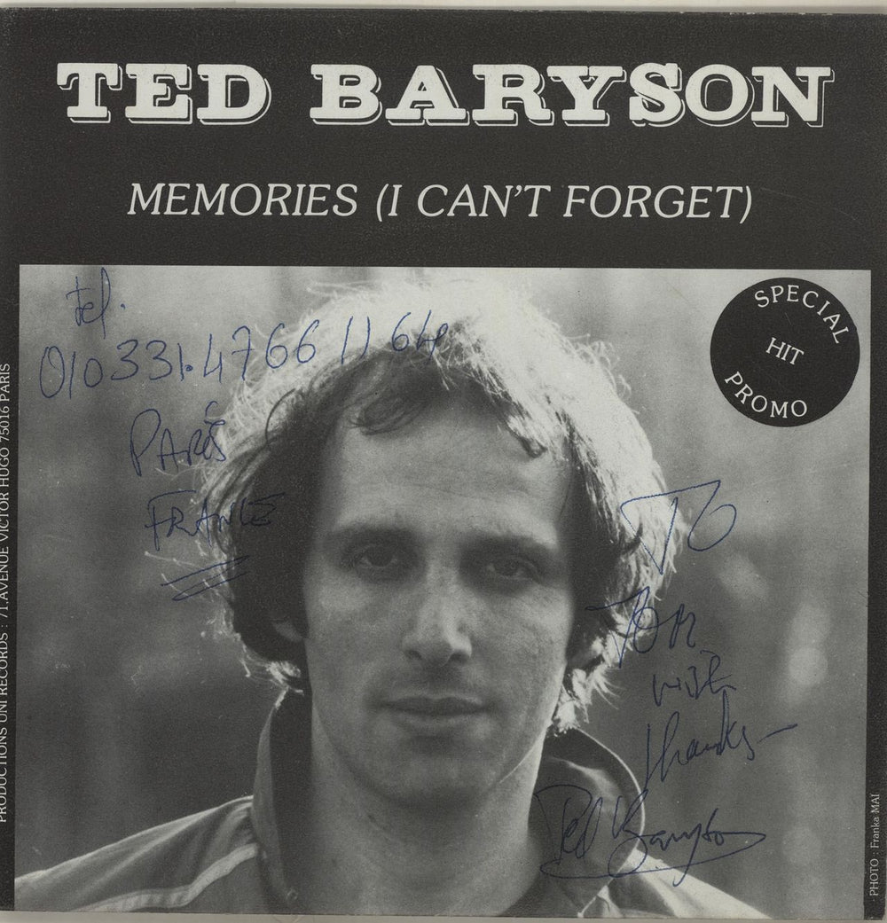 Ted Baryson Memories (I Can't Forget) - Autographed French Promo 7" vinyl single (7 inch record / 45) NUM48029