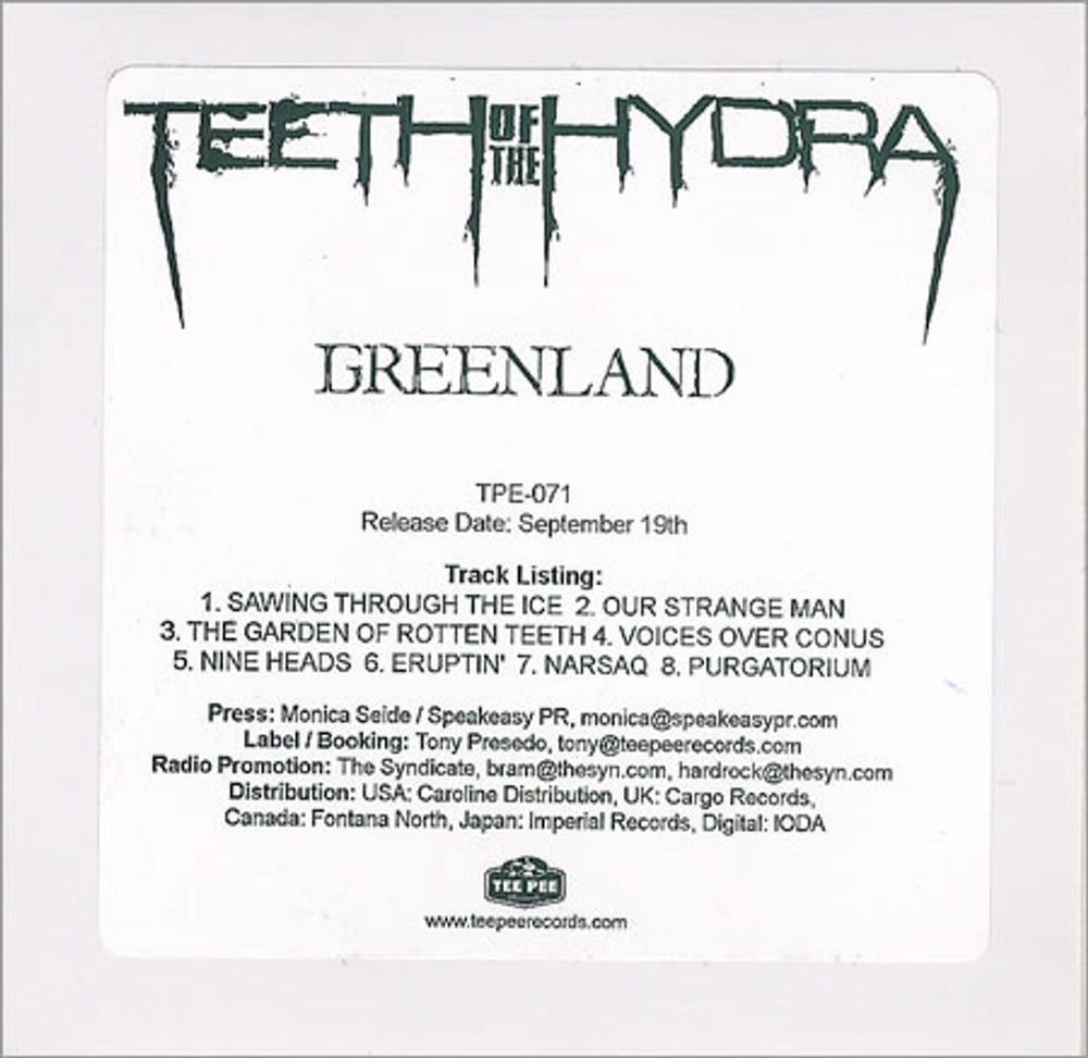 Teeth Of The Hydra Greenland UK Promo CD album (CDLP) TPE071