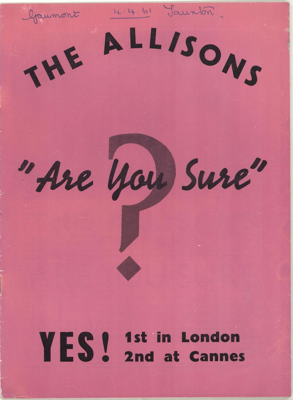 The Allisons Are You Sure ? UK tour programme TOUR PROGRAMME