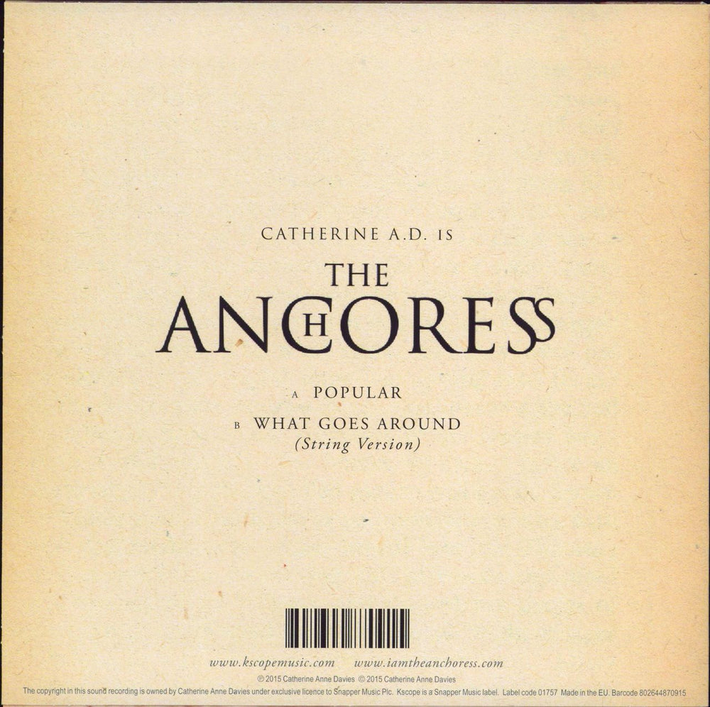 The Anchoress Popular - RSD16 UK 7" vinyl single (7 inch record / 45) 802644870915