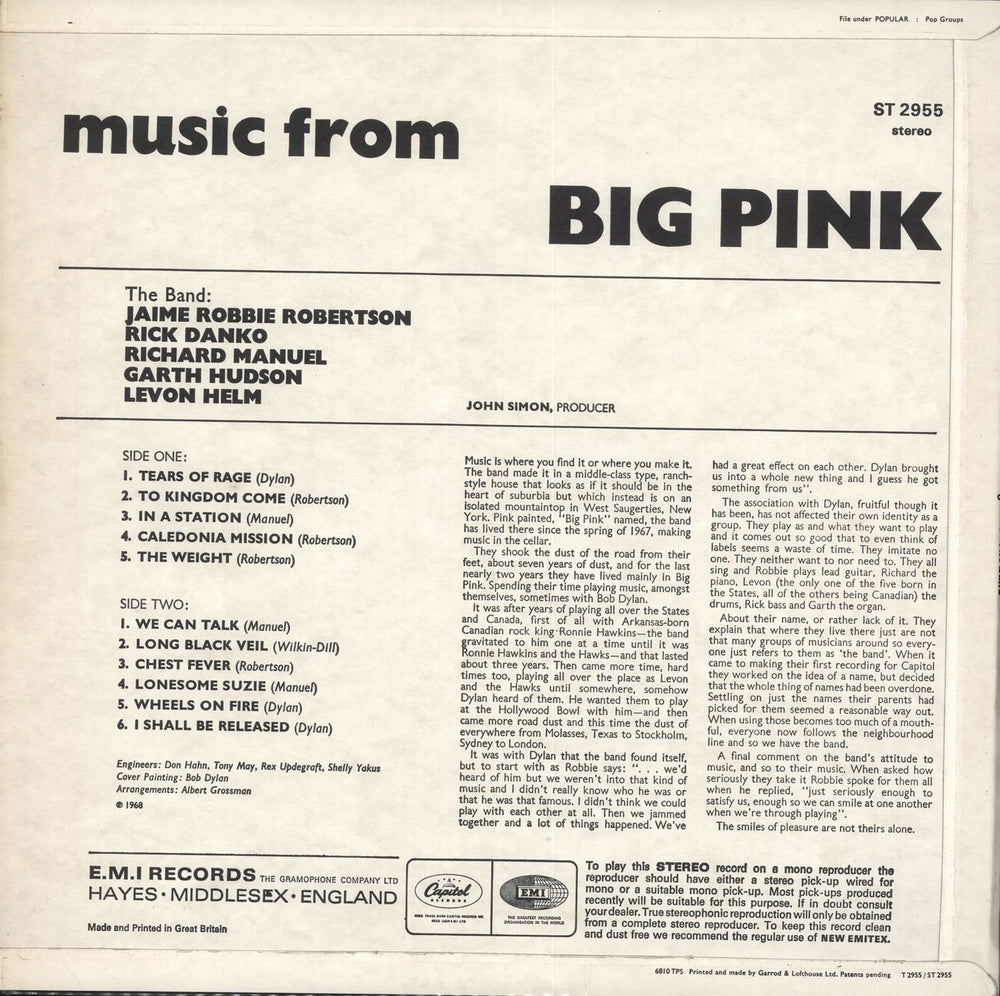 The Band Music From Big Pink - One Box UK vinyl LP album (LP record)