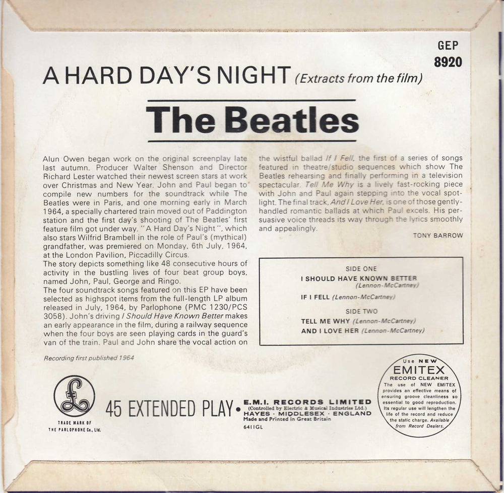 The Beatles A Hard Day's Night No. 1 EP - 1st - VG UK 7" vinyl single (7 inch record / 45) BTL07AH592546