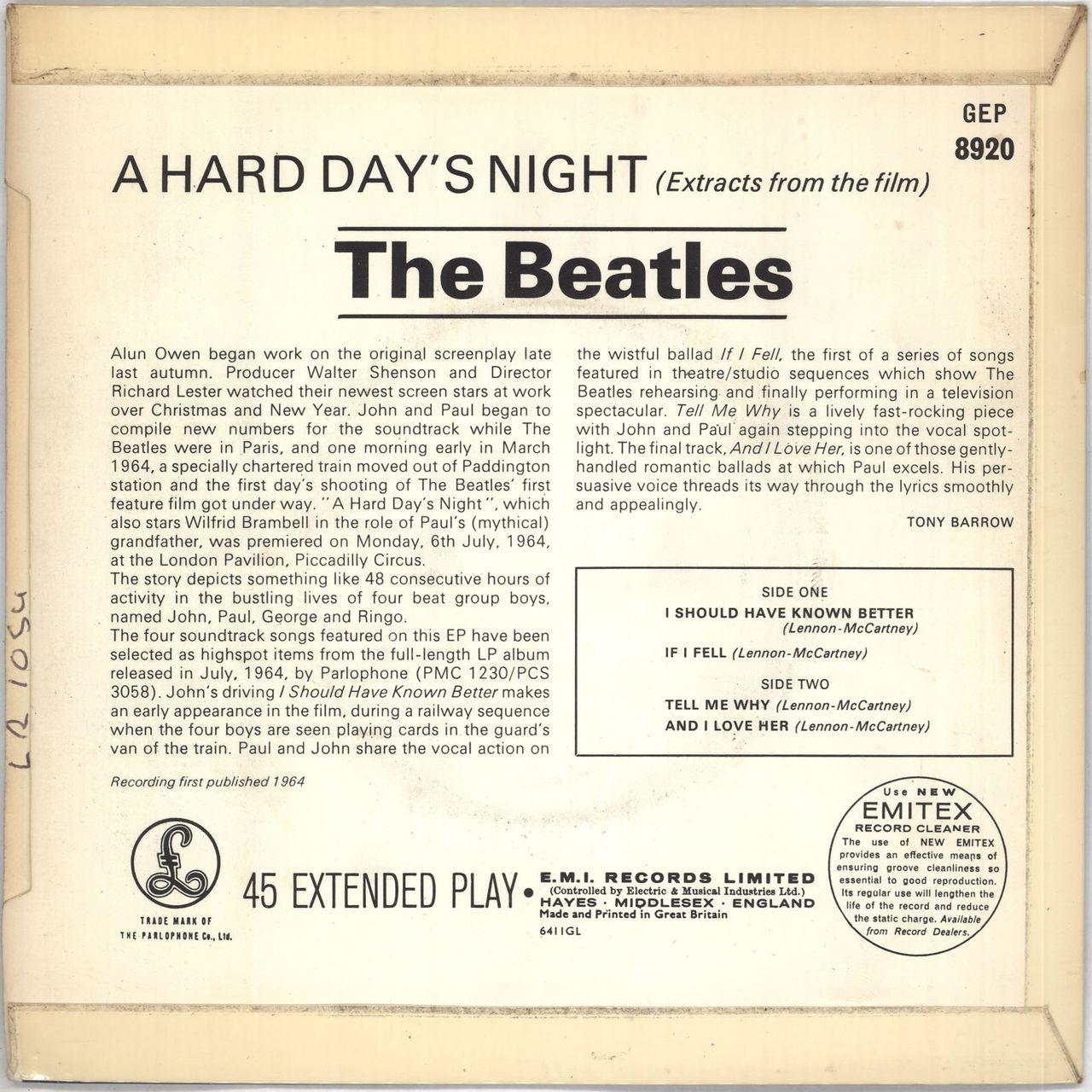 Beatles Hard Days Night store cassette SEALED New 1964 EMI Records Original Rare…