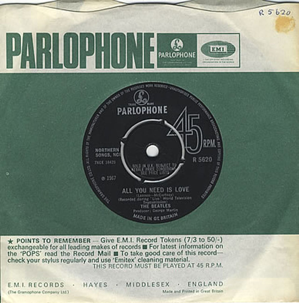 The Beatles All You Need Is Love - 2nd [a] - 4pr UK 7" vinyl single (7 inch record / 45) R5620