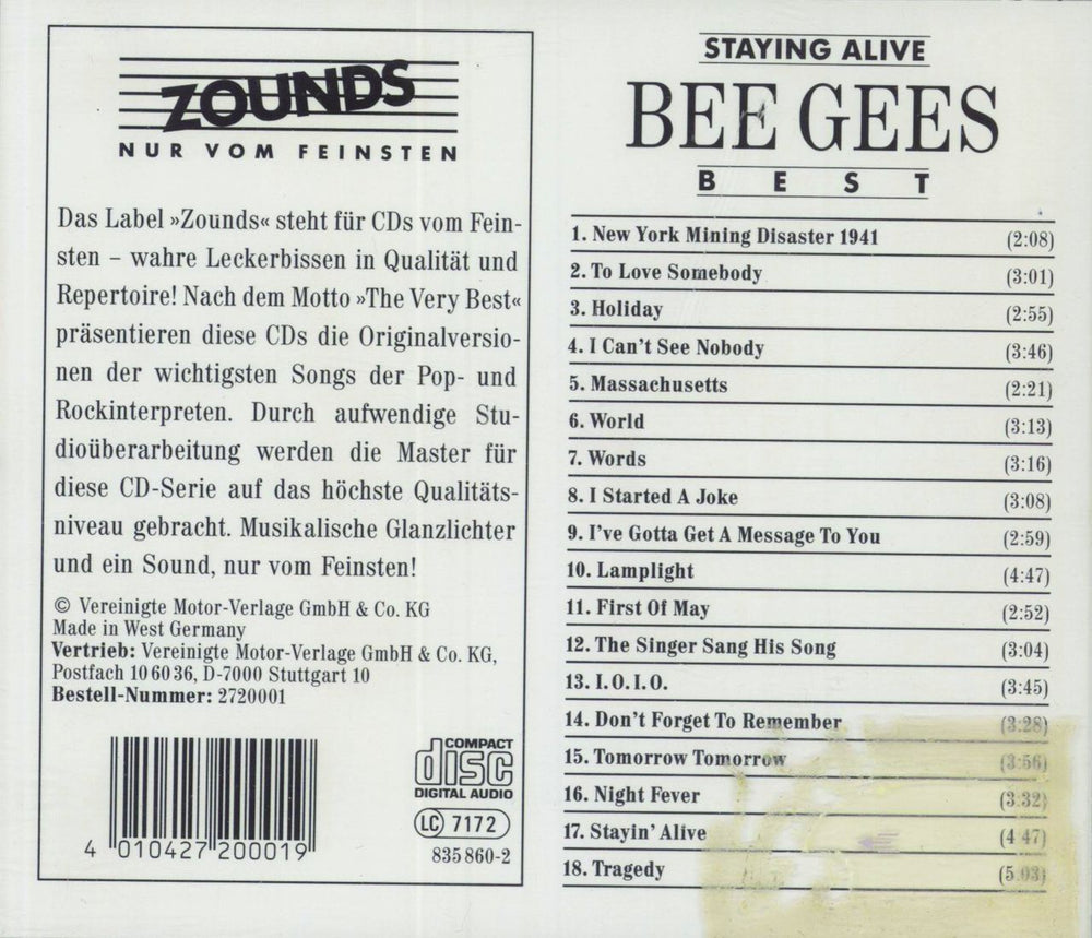 The Bee Gees Best - Staying Alive German CD album (CDLP)