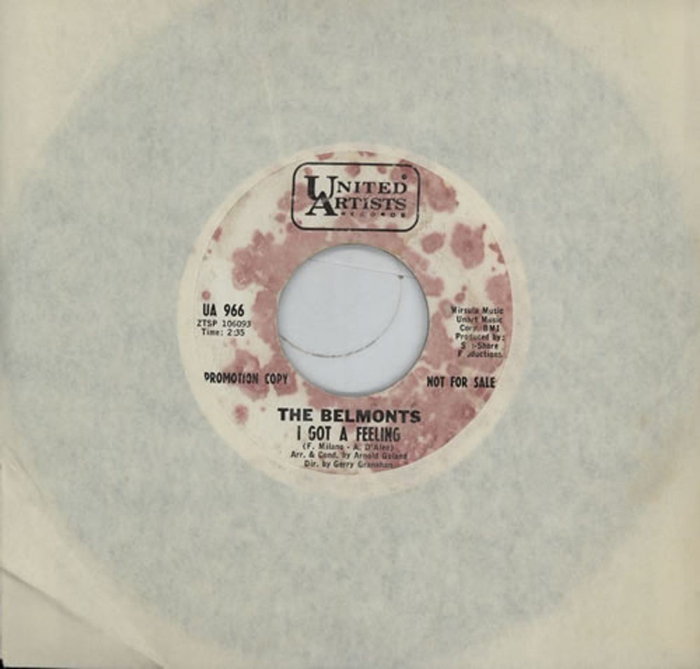 The Belmonts I Got A Feeling US Promo 7" vinyl single (7 inch record / 45) UA966