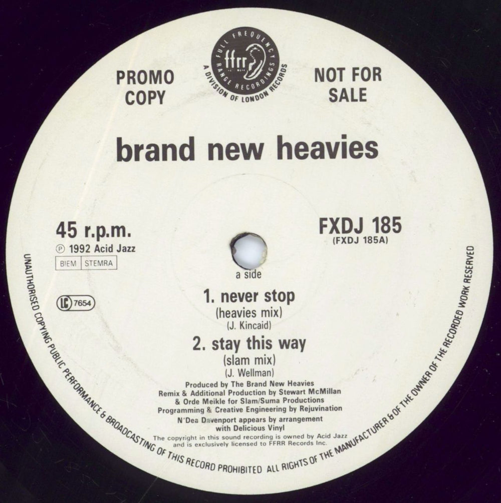 The Brand New Heavies Never Stop UK Promo 12" vinyl single (12 inch record / Maxi-single) FXDJ185