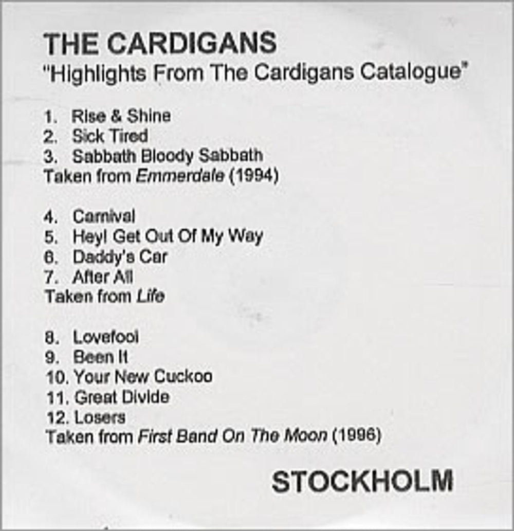 The Cardigans Highlights From The Cardigans Catalogue UK Promo CD-R acetate CD ACETATE