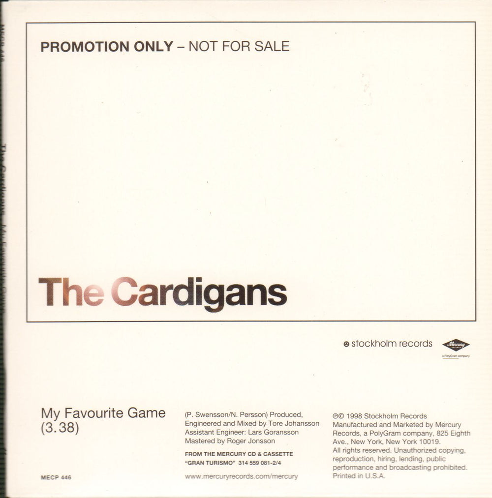 The Cardigans My Favourite Game US Promo CD single (CD5 / 5") MECP446