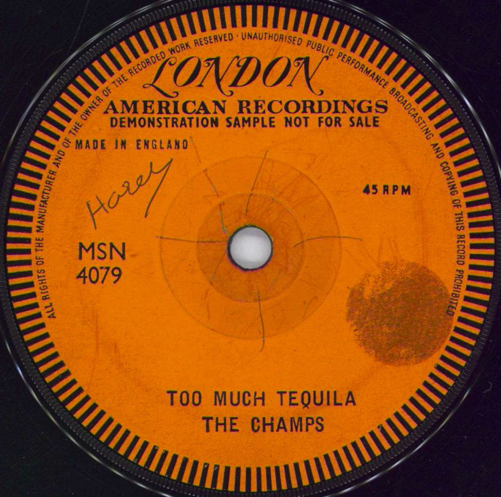 The Champs Too Much Tequila/Rockin' Little Angel UK Promo 7" vinyl single (7 inch record / 45) MSN4079