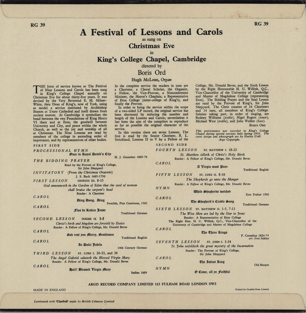 The Choir Of King's College, Cambridge A Festival of Lessons and Carols UK vinyl LP album (LP record)