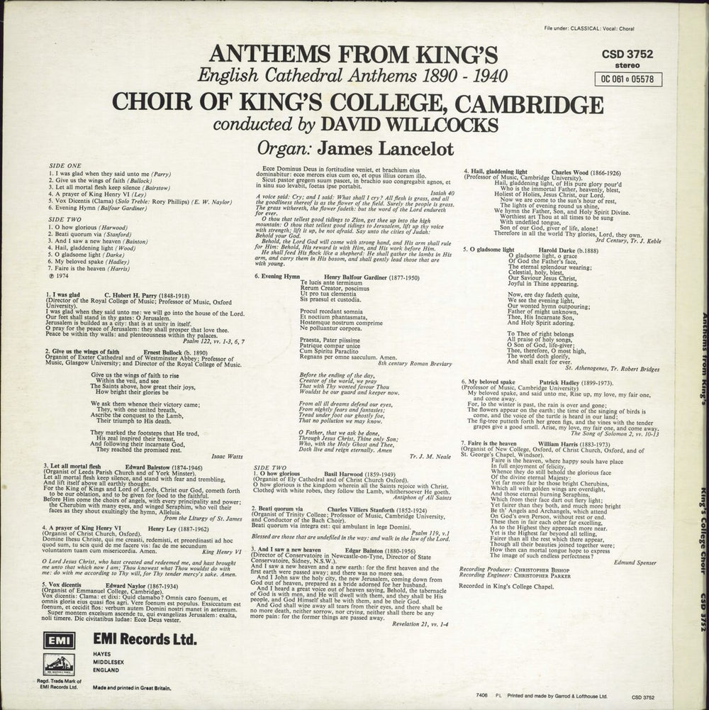 The Choir Of King's College, Cambridge Anthems From King's UK vinyl LP album (LP record)