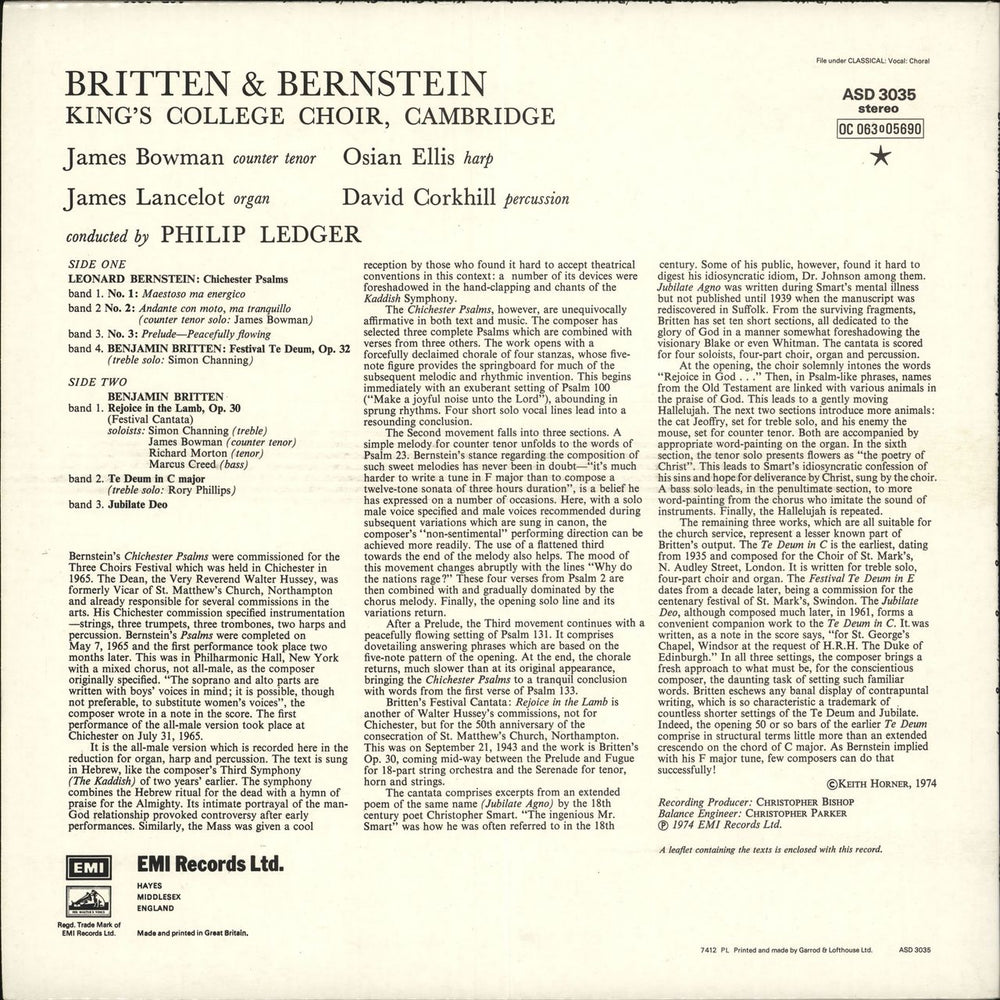 The Choir Of King's College, Cambridge Britten & Bernstein - 2nd UK vinyl LP album (LP record)