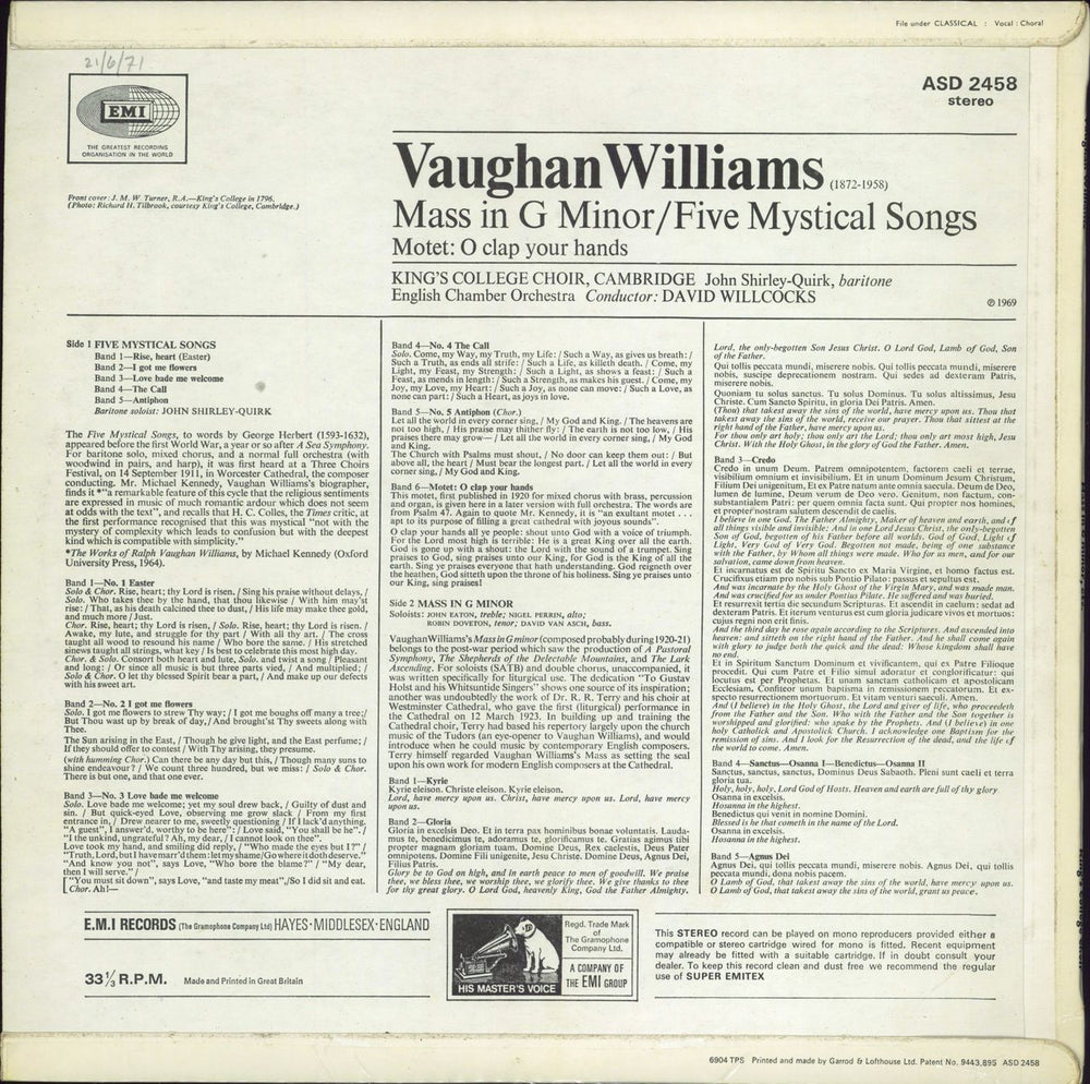 The Choir Of King's College, Cambridge Vaughan Williams: Mass in G Minor / Five Mystical Songs - 2nd UK vinyl LP album (LP record)
