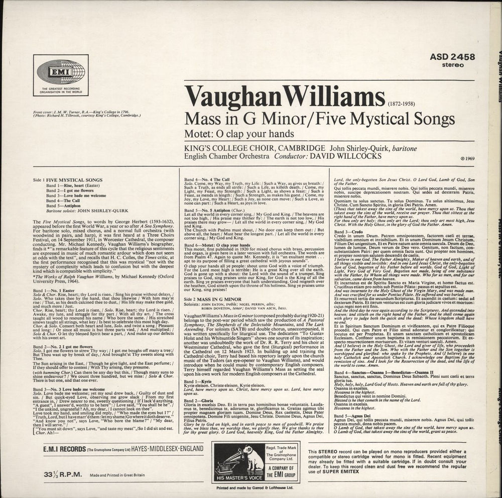 The Choir Of King's College, Cambridge Vaughan Williams: Mass In G Minor / Five Mystical Songs - 3rd UK vinyl LP album (LP record)