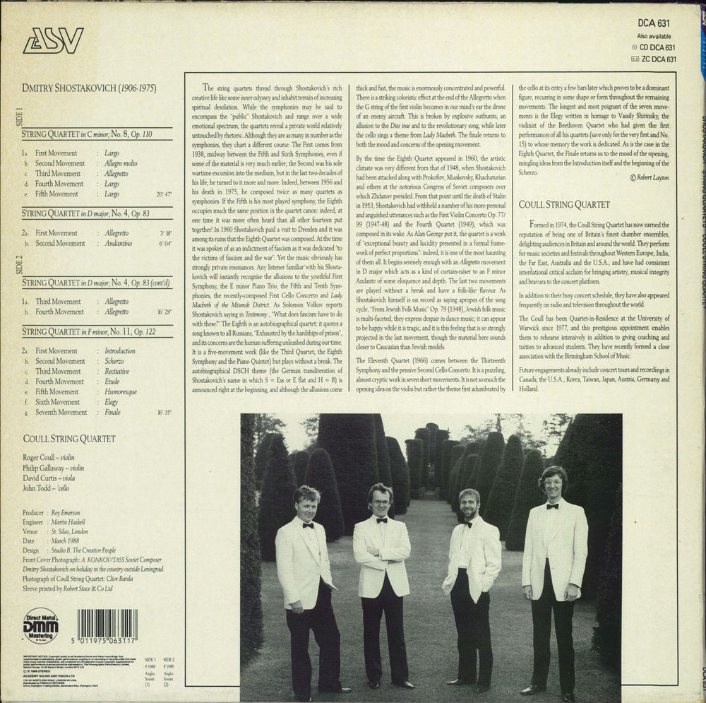 The Coull String Quartet Shostakovich: String Quartets UK vinyl LP album (LP record) 5011975063117