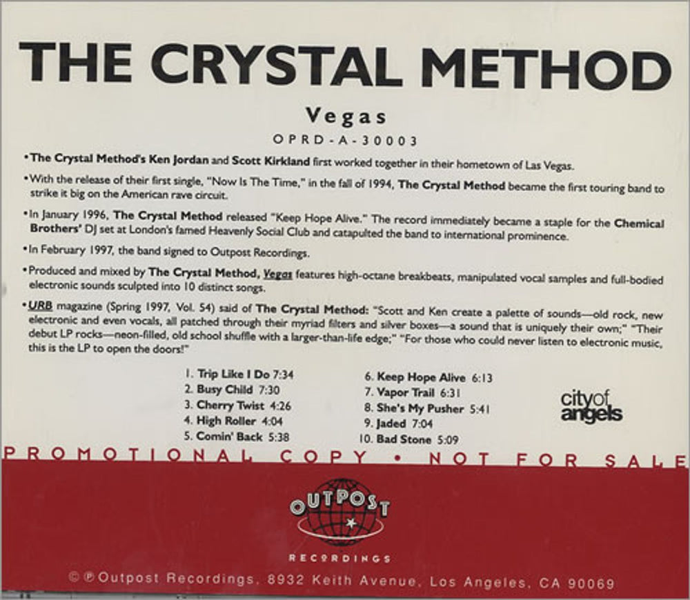 The Crystal Method Vegas US Promo CD album (CDLP) TCMCDVE440283