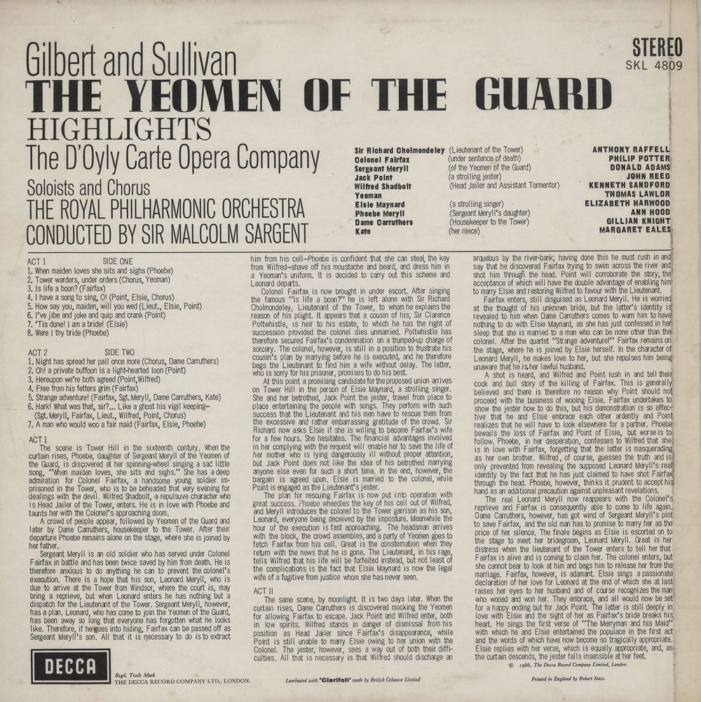 The D'Oyly Carte Opera Company The Yeomen Of The Guard Highlights UK vinyl LP album (LP record)