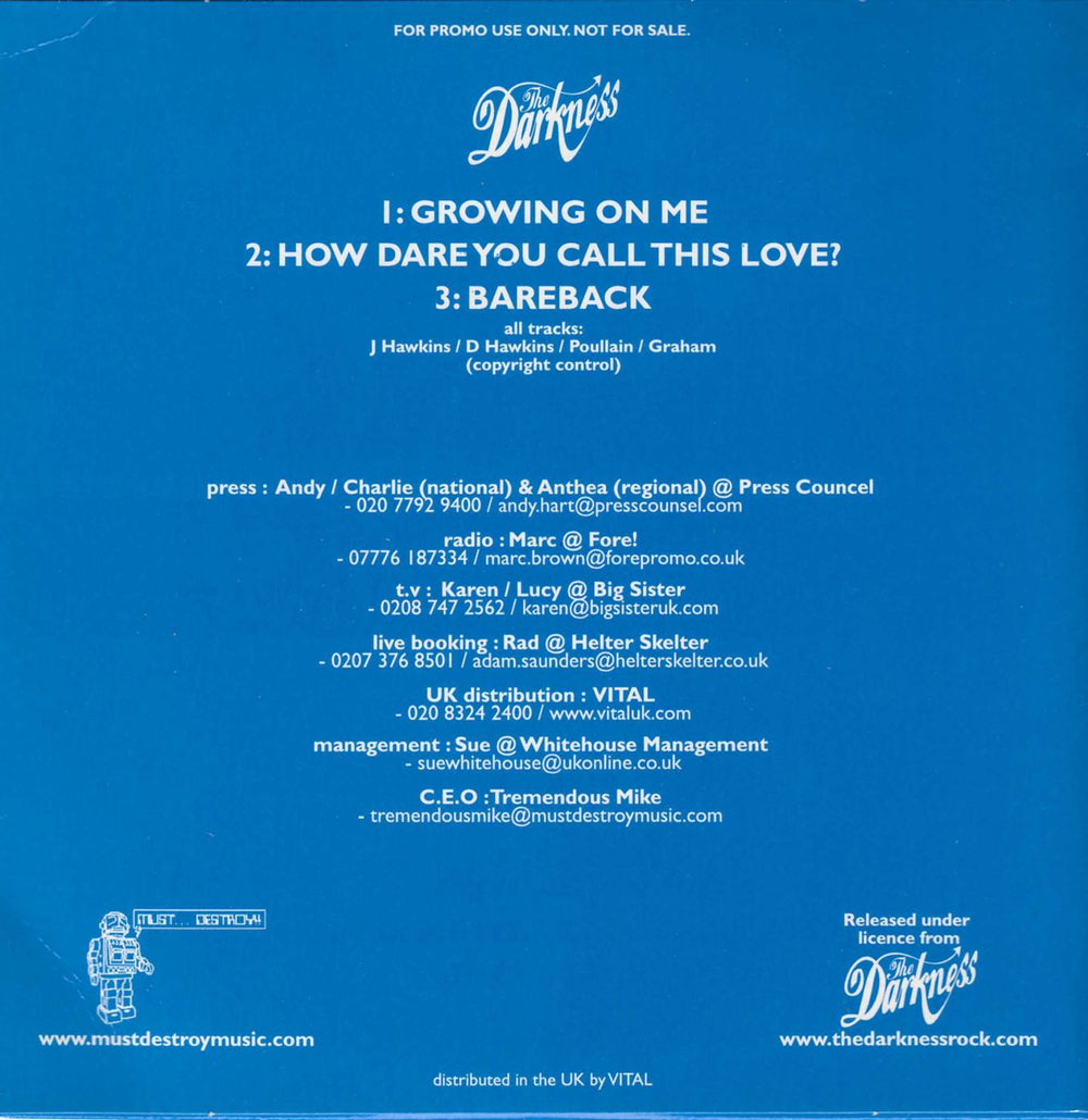 The Darkness Growing On Me UK Promo CD single (CD5 / 5") D/KC5GR249448