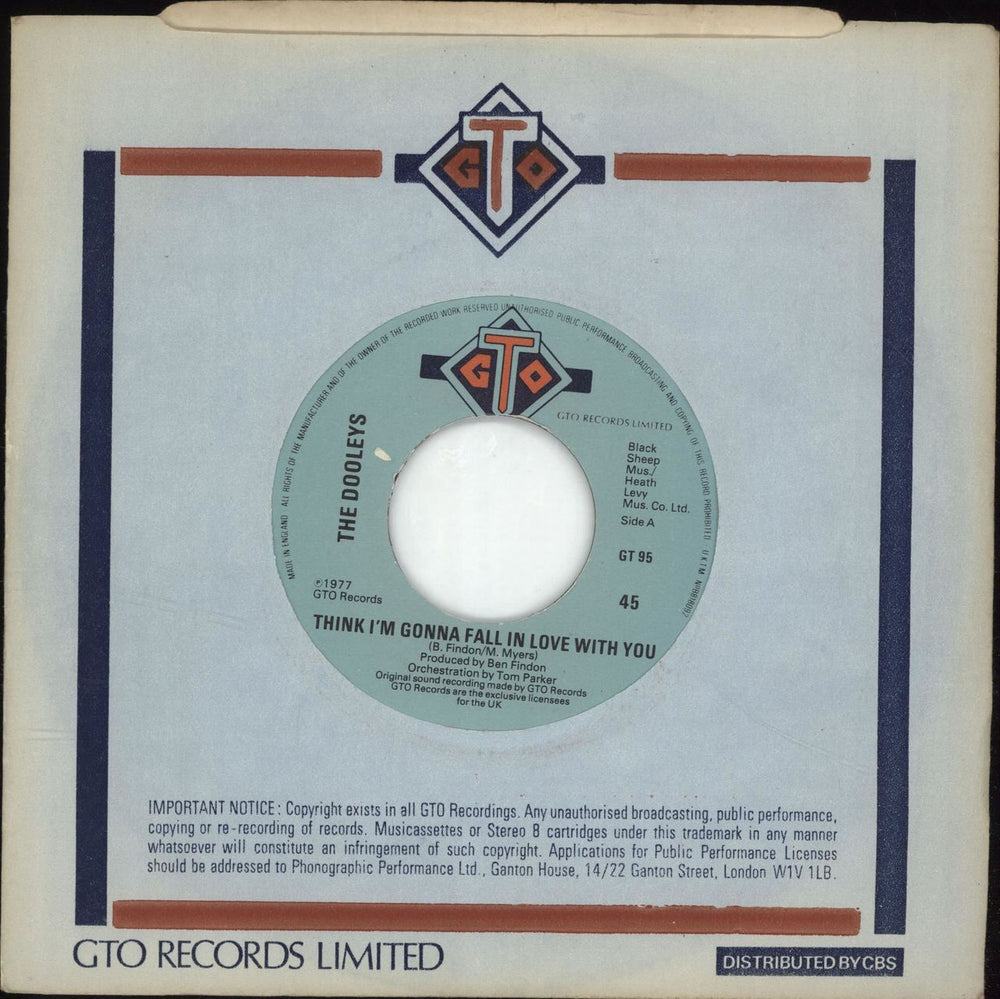 The Dooleys Think I'm Gonna Fall In Love With You - Wide Centre UK 7" vinyl single (7 inch record / 45) GT95