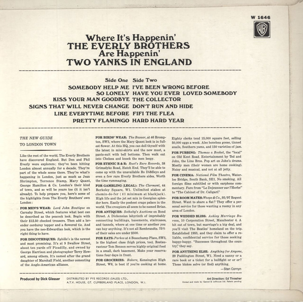 The Everly Brothers Two Yanks In England UK vinyl LP album (LP record)