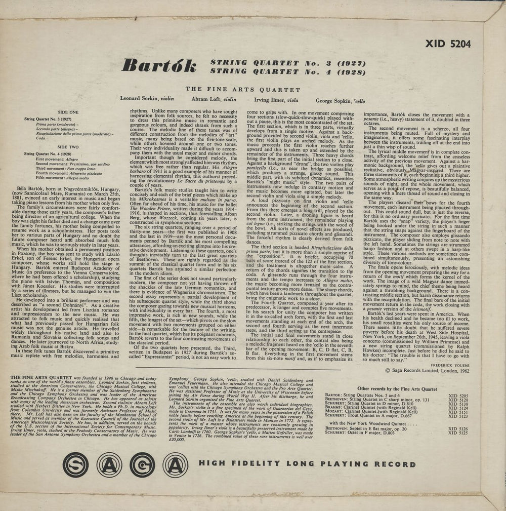 The Fine Arts Quartet Béla Bartók: String Quartets No. 3 & No. 4 UK vinyl LP album (LP record)