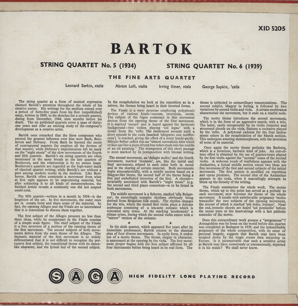 The Fine Arts Quartet Béla Bartók: String Quartets No. 5 & No. 6 UK vinyl LP album (LP record)