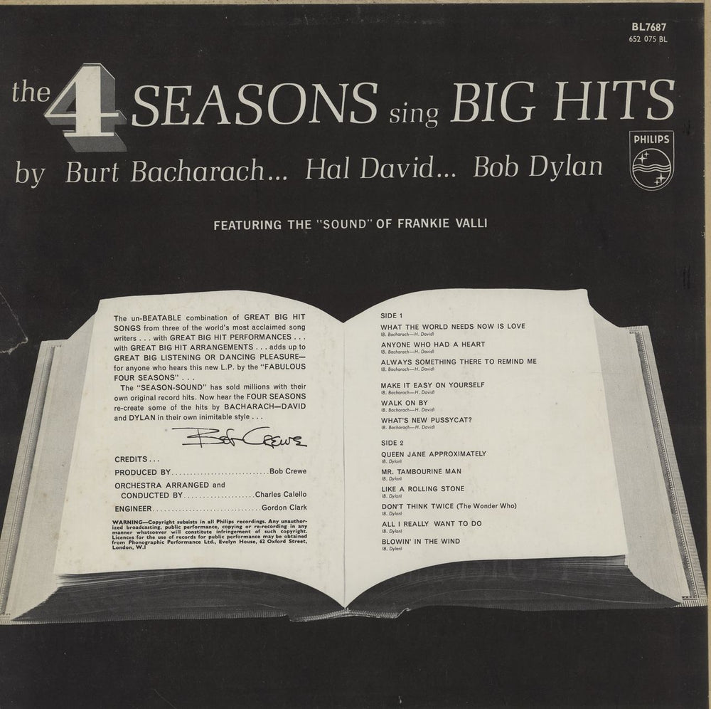 The Four Seasons The 4 Seasons Sing Big Hits By Burt Bacharach... Hal David... Bob Dylan UK vinyl LP album (LP record)