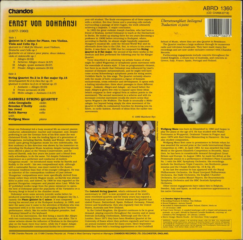 The Gabrieli String Quartet Dohnányi: Piano Quintet Op.1 / String Quartet No. 2 Op.15 UK vinyl LP album (LP record) 5014682136013